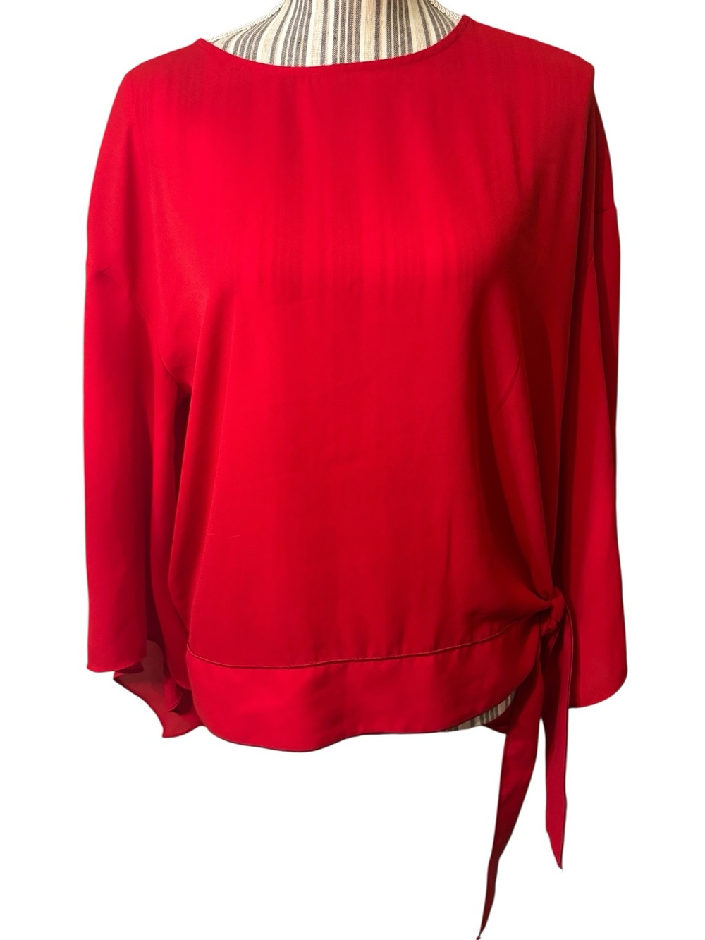 Worthington Blouse Large Red Long Flared Sleeves Side Tie Round Neck Classy